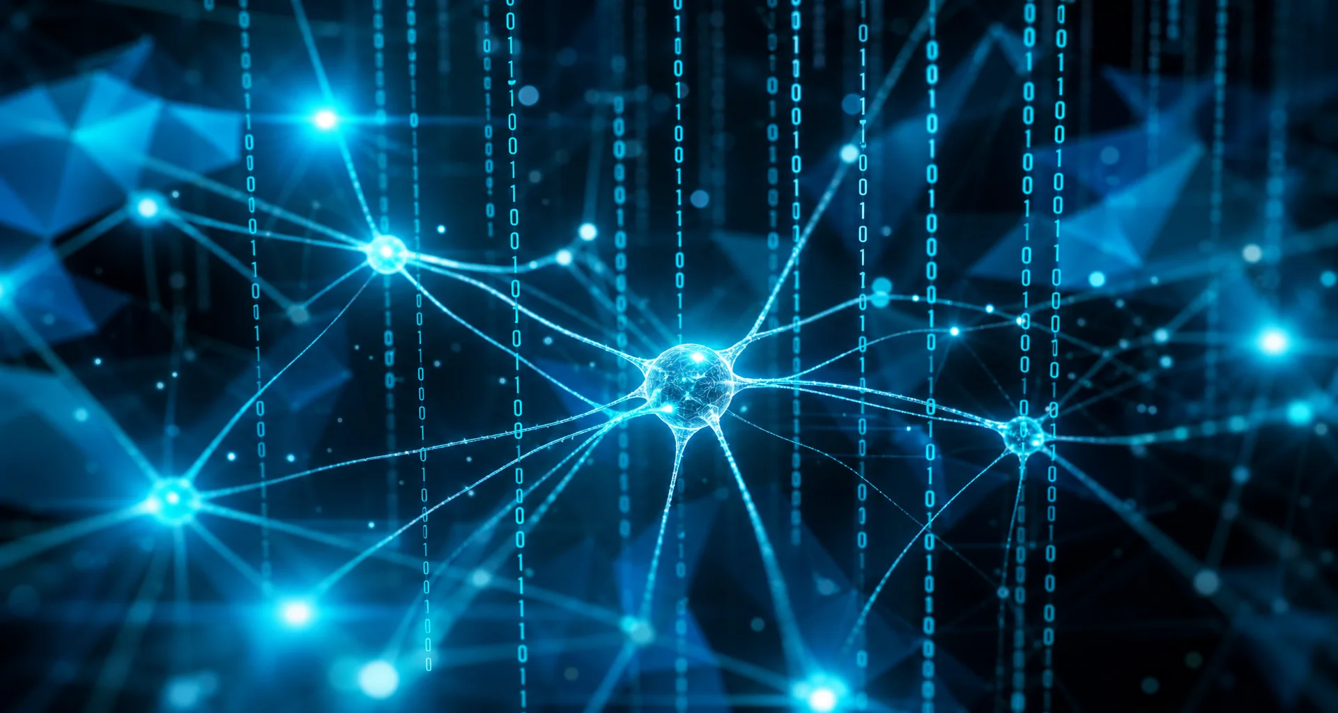 Red neuronal artificial con nodos y conexiones digitales brillantes en tonos azul, púrpura y naranja