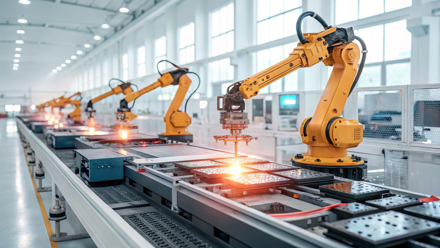 Línea de ensamblaje automotriz moderna con sensores IoT y protección de red en tonos metálicos y naranjas