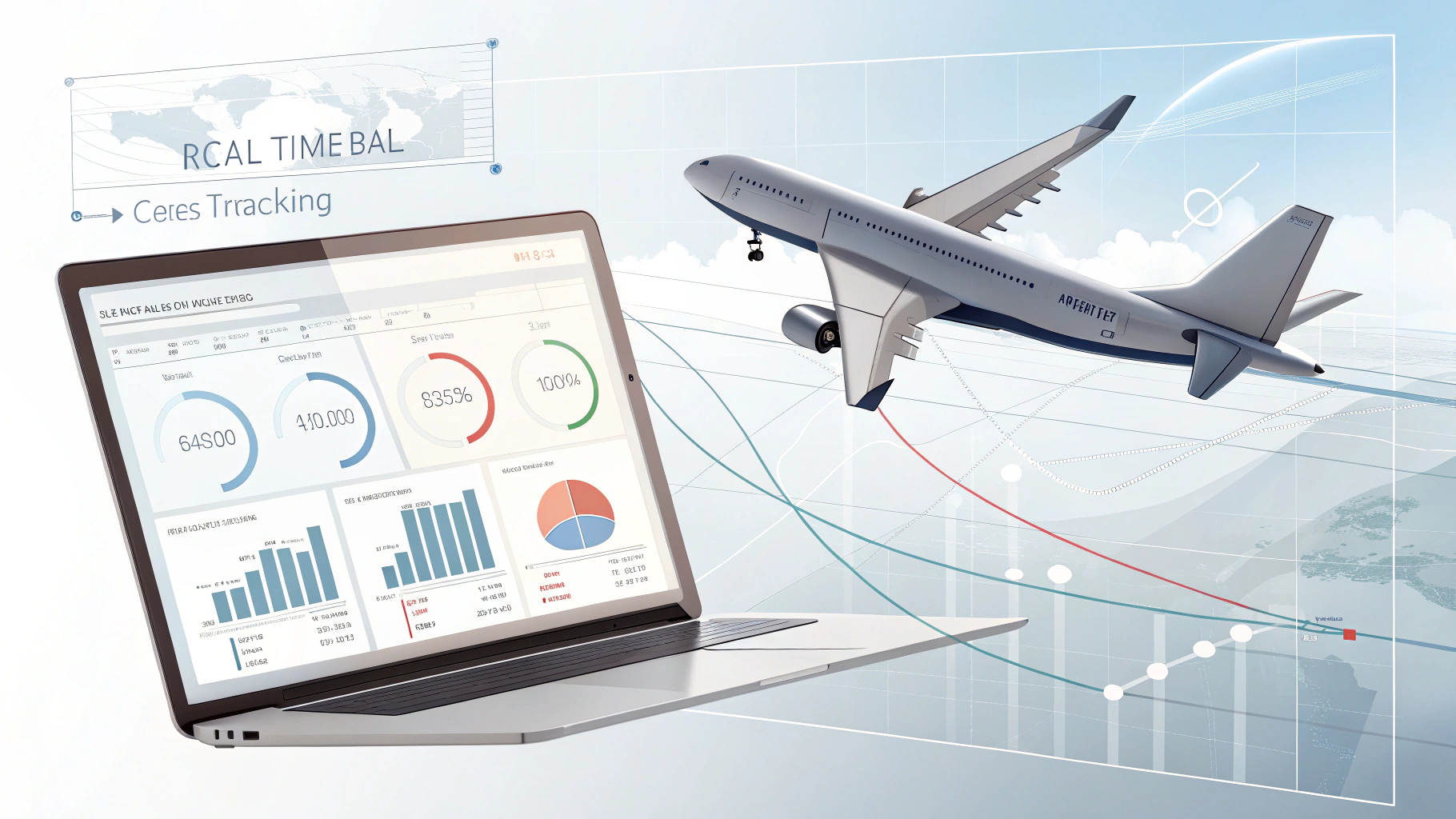 Avión de carga y centro logístico global con rastreo de datos en tiempo real y candados digitales en tonos cian y grises