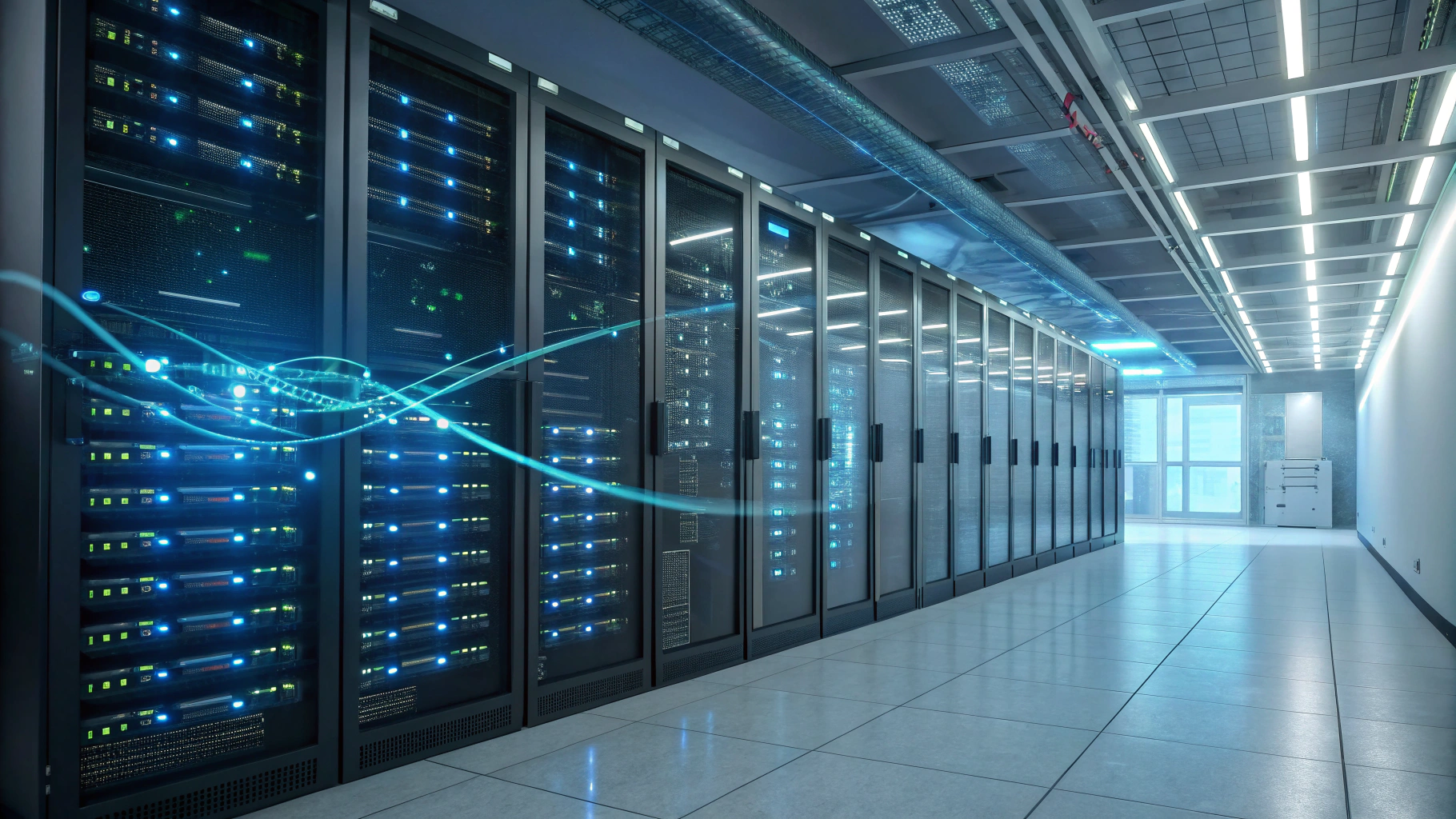 Racks de servidores seguros en un centro de datos moderno con candados y luces en verde y azul